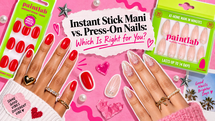 Hands wearing glossy red and sheer pearl-accent press-on nails beside PaintLab Instant Stick Mani and press-on nail packaging