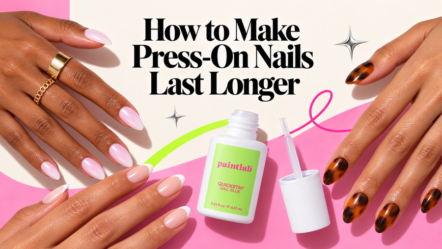 Hands with sheer pink, tortoiseshell and white French-tip press-on nails next to a bottle of PaintLab Quickstay Nail Glue