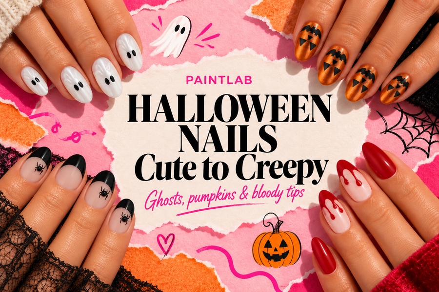 PAINTLAB Halloween press-on nail designs featuring white ghosts, orange pumpkins, black French tips with spider accents, and red blood drips on a pink collage background.