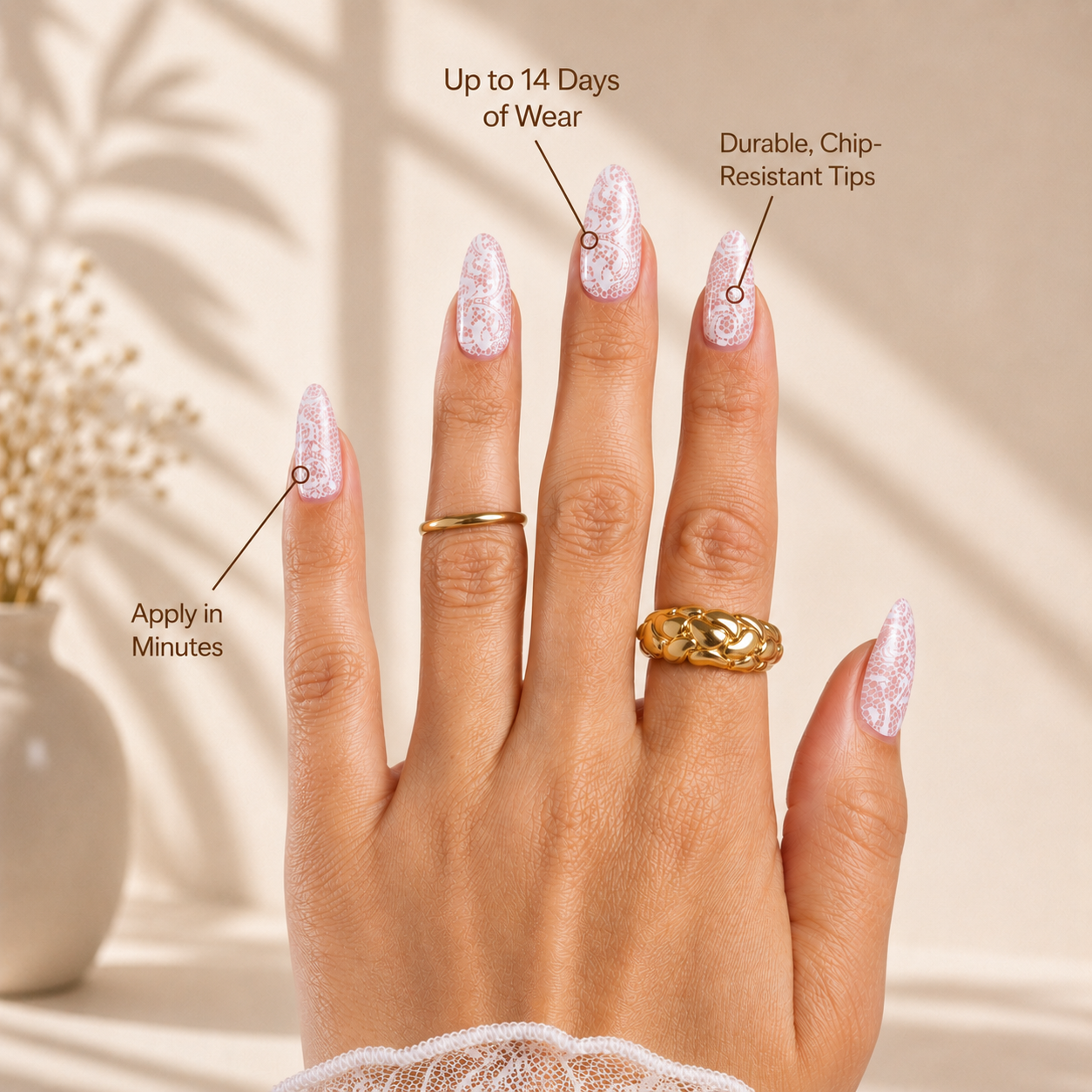 Beige Lace Almond Press-On Nails