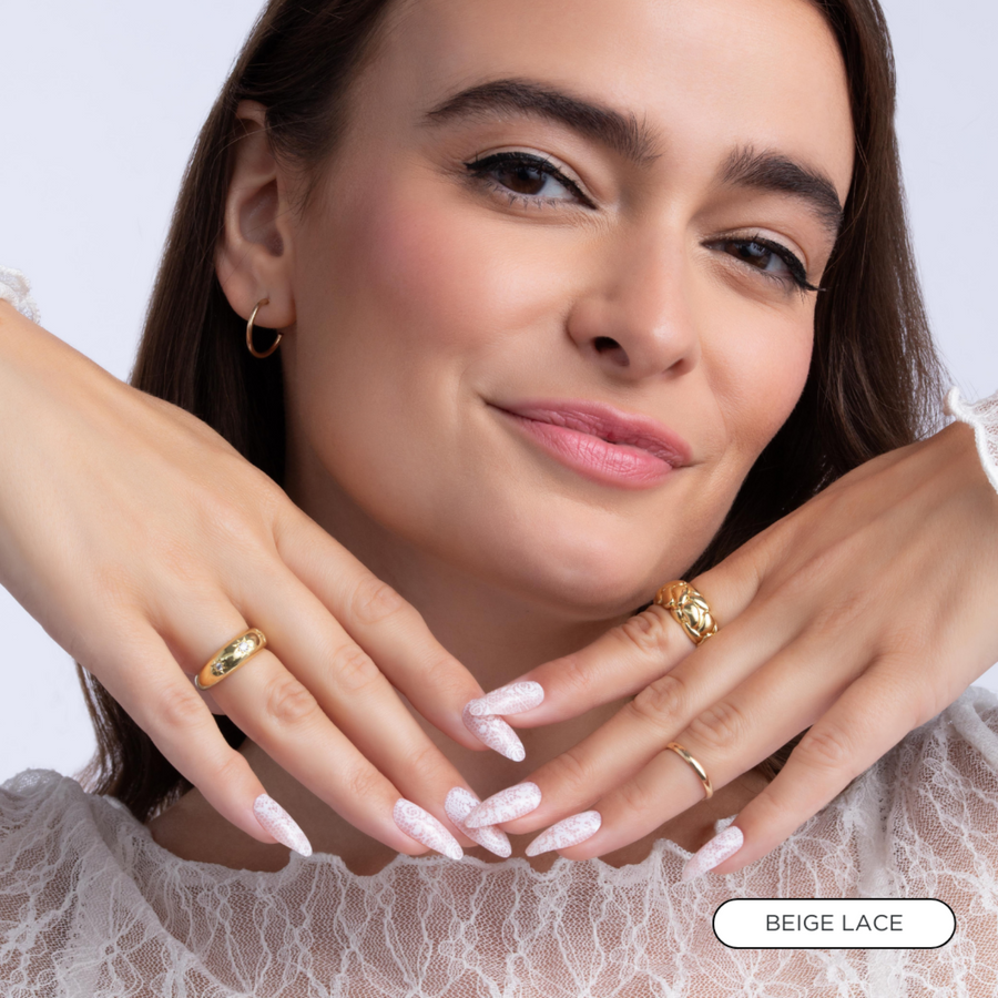 Girl using Beige Lace Almond Press On Nails
