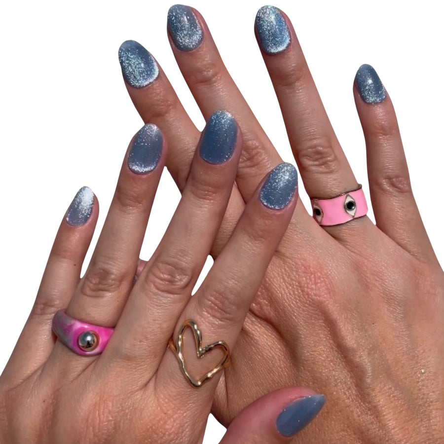 Blue Velvet Cat Eye Oval Press-On Nails - PaintLab